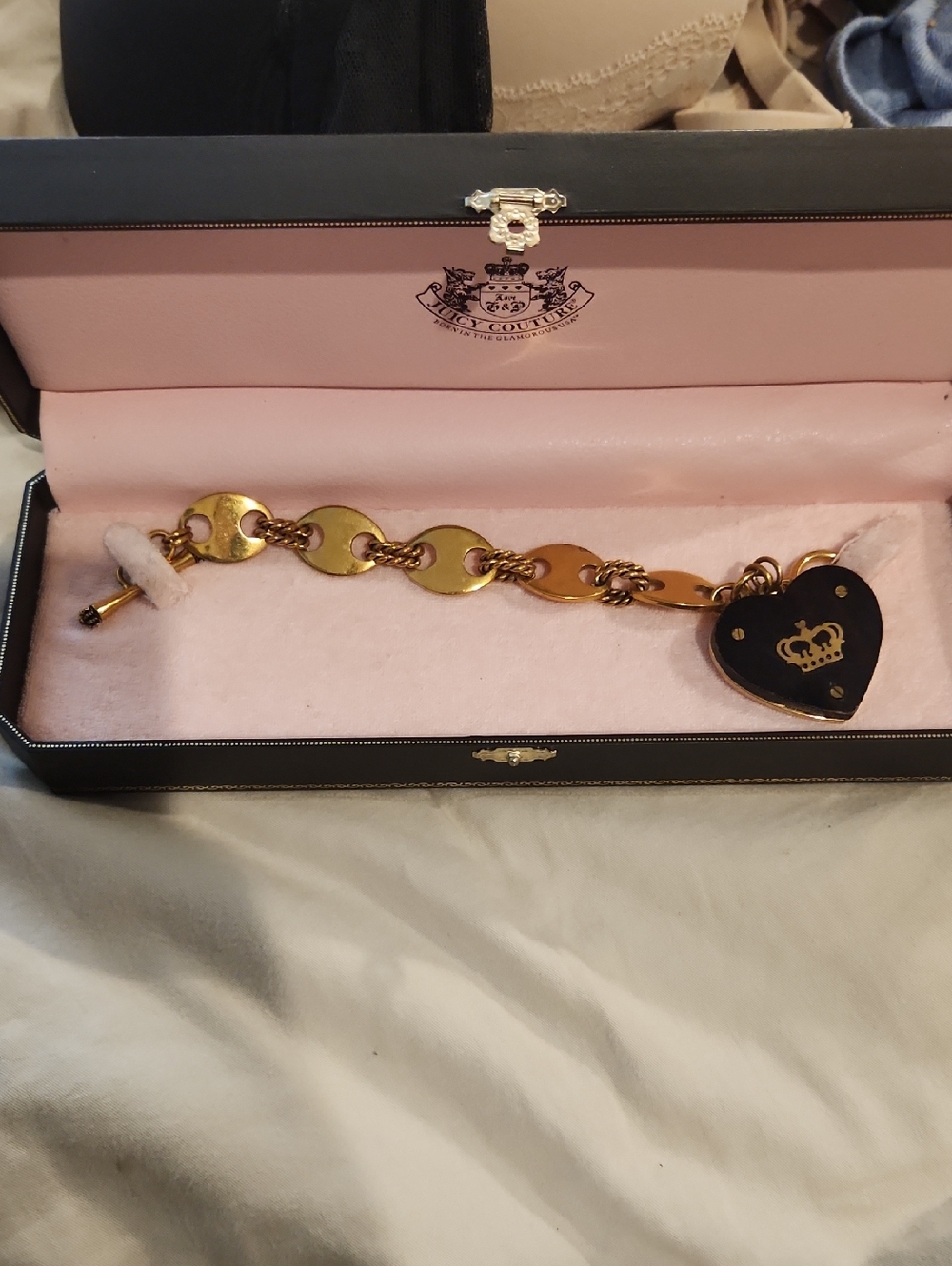 Juicy Couture Gold Chain Bracelet with Black Heart Padlock Charm